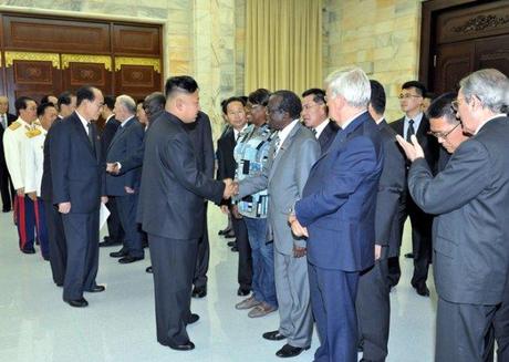 Kim Jong Un and members of the DPRK's core leadership greet the heads of foreign government and military delegation visiting the DPRK for events commemorating the 60th anniversary of the termination of the Korean War's active hostilities (Photo: Rodong Sinmun).