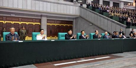 Kim Jong Un (3rd L) and PRC Vice President Li Yuanchao (4th L) applaud during a performance of the Arirang mass games at Kim Il Sung Stadium in Pyongyang on 26 July 2013 (Photo: Rodong Sinmun).