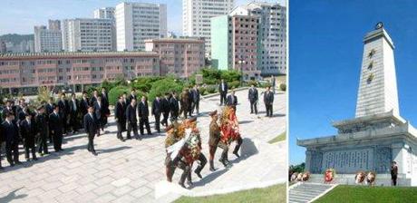 PRC Vice President Li Yuanchao and a Chinese delegation, along with senior DPRK officials, DPRK citizens and personnel from the Chinese Embassy (L) attend a wreath laying ceremony at the Friendship Tower (R) in Pyongyang on 26 July 2013 (Photo: Rodong Sinmun).