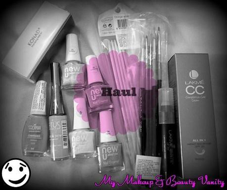 a colorful haul+konad+nail art+nail art brushes+orange stick++lakme+lakme lip  tint+mlbb lipstick+cc cream+lakme +cream+face cream+lakme cc cream+maybelline+new U+pastel nail polishes+lotus+nail polishes