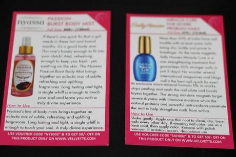 Vellvette Box July 2013 - Nyasa Body Mist and Sally Hansen Nail Strengthener  Description