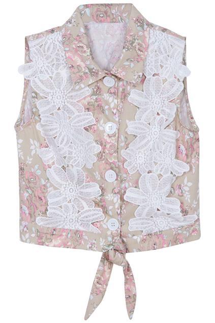 Self-tied Dual-tone Lace Floral Shirt