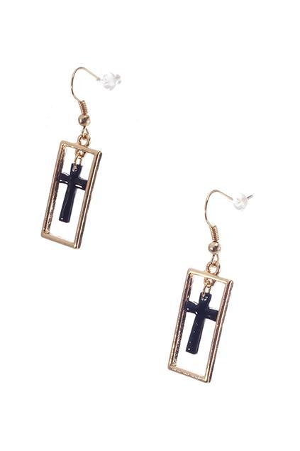 Golden Rectangle & Black Cross Earrings