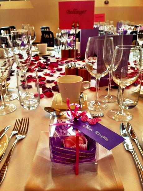 wedding favours pink and purple fondant fancy champagne table names bollinger rose petals