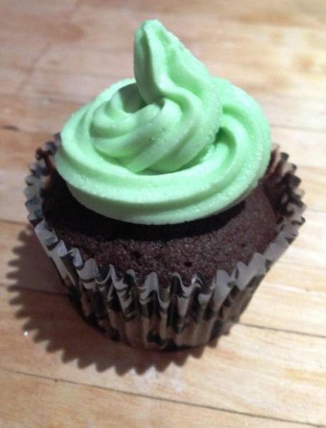 chocolate cupcake with mint swirl butter cream icing frosting light turquoise looks like ice cream