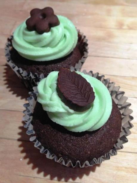 chocolate and mint cupcake with flower and leaf fondant topper