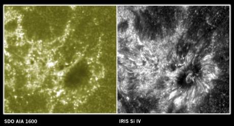 Left- Solar Dynamics Observatory's view.  Right -  IRIS’s view of the Sun