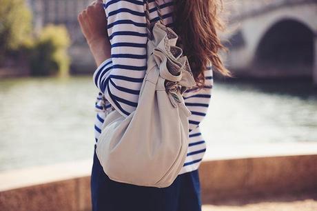 DIY handbag drawstring bag and sailor inspired outfit. Jumper from zara.