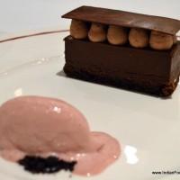 Manjari chocolate cremeaux, raspberry and champagne jelly and ivory chocolate milk 