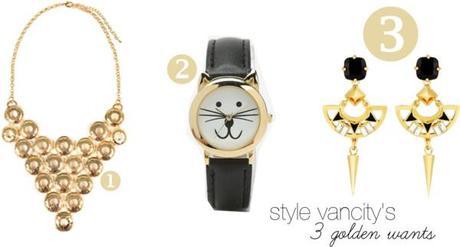 3 Golden Wants, juicy, couture, golden, gold, accessories, cat, watch, black, leather, necklace, earrings, urban outfitters, i love dynamite, dynamite, sale, must haves