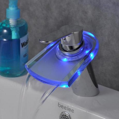 Color Changing LED Waterfall Bathroom Basin Faucets with Glass Spout Chrome Finish Mixer Taps
