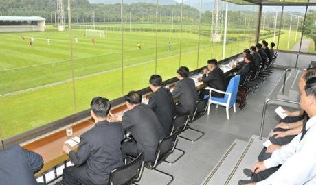Kim Jong Un and senior DPRK officials watch a football (soccer) match between the Hwaebul and 25 April teams (Photo: Rodong Sinmun).