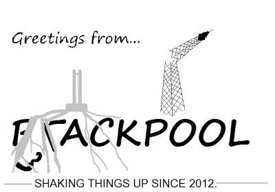 Mock-postcard showing a fracking well, a broken tower and the caption 