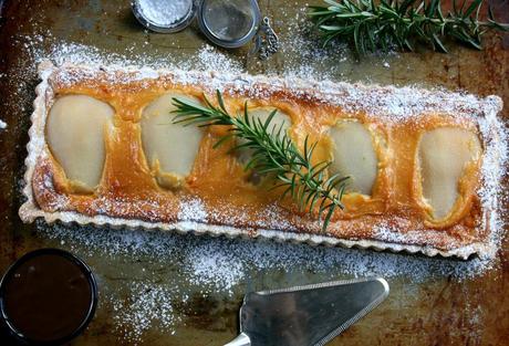 Pear, Rosemary & Almond Praline Tart with Chocolate & Amarula Sauce