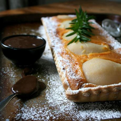 Pear, Rosemary & Almond Praline Tart with Chocolate & Amarula Sauce