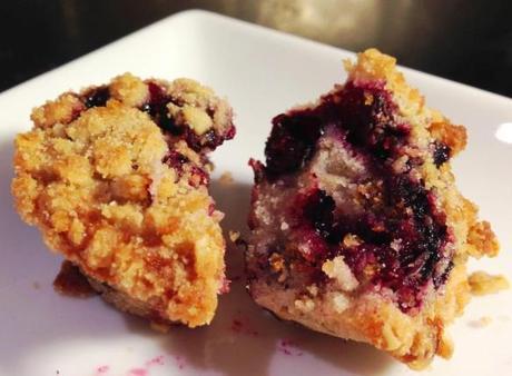 crunchy crumble topping and sticky fruit inside to blackcurrant mini muffins