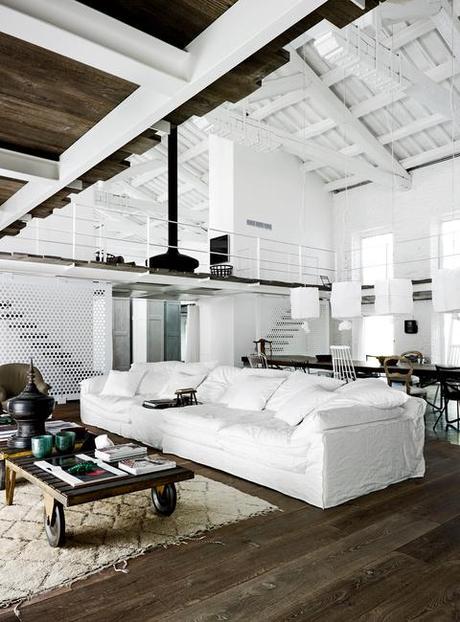 white couch white loft dark wood floors