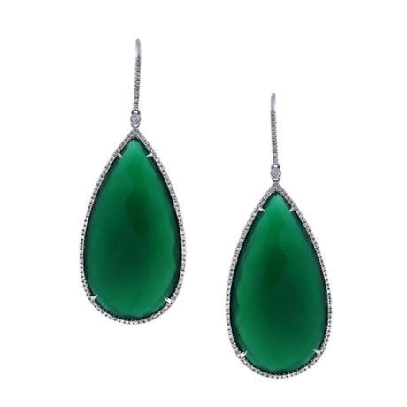 18k White Gold 61.90Ctw Green Agate Diamond Drop Earrings