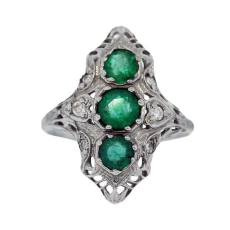 14k White Gold Vintage Emerald and Diamond Cocktail Ring