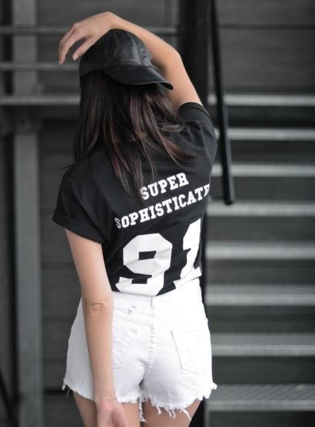 supersophisticated number tee leather cap denim shorts
