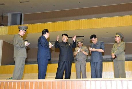 Kim Jong Un (3rd L) tours the renovation of the Pyongyang Indoor Stadium.  Also seen in attendance is Ma Won Chun (2nd R) and VMar Choe Ryong Hae (R) (Photo: Rodong Sinmun).