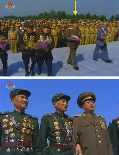 Top image: Ju Sang Song brings a floral bouquet to the memorial to Kim Jong Su, mother of KWP Secretary and Political Bureau Member Kim Kyong Hui and her brother late DPRK leader Kim Jong Il.  Bottom image: Ju Sang Song talks with fellow war veterans at the cemetery (Photos: KCTV screengrabs).
