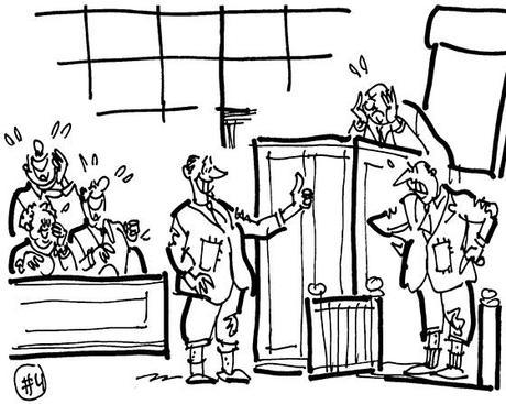 cartoon illustration man sued Brooks Brothers for giving him wrong suit and not allowing him to return wrong item, lawyer wearing lousy suit giving thumbs-up to witness who is also wearing bad suit