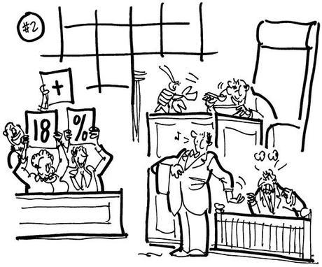 cartoon illustration about lawsuit filed because Times Square restaurants padding bill with extra gratuity so customers paying as much as 18% tip, lawyer as waiter with hand outstretched for tip from witness