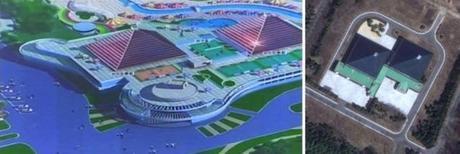 Design for indoor pool at Munsu Wading Pool (L) resembles indoor water amusement facilities at the Kim Family's residential compound in Ryongso'ng District in northern Pyongyang (Photos: KCTV screengrab and Digital Globe).