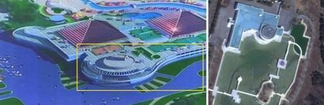 Designs of a structure at Munsu Wading Pool (L) resemble the banquet hall at the Kim family's residential compound in Ryongso'ng District in northern Pyongyang (R) (Photos: KCTV screengrab, Digital Globe).