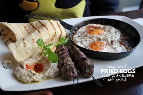 sumac spiced eggs with kafta skewers and baba ganoush 