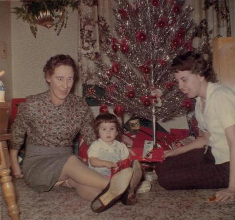Aunt Irene, mom and me at Christmas