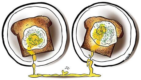 poached eggs on toast with stabbed yolks running off plates and merging together to form love heart for article about father and teenage son bonding over shared breakfast meal