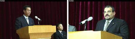 So Ho Won (L),  Vice Chairman of the Korean Committee for Cultural Relations with Foreign Countries, and Cuban Ambassador to the DPRK   (R) speak at an event marking August, the month of DPRK-Cuban solidarity on 13 August 2013 (Photos: KCNA screengrabs).