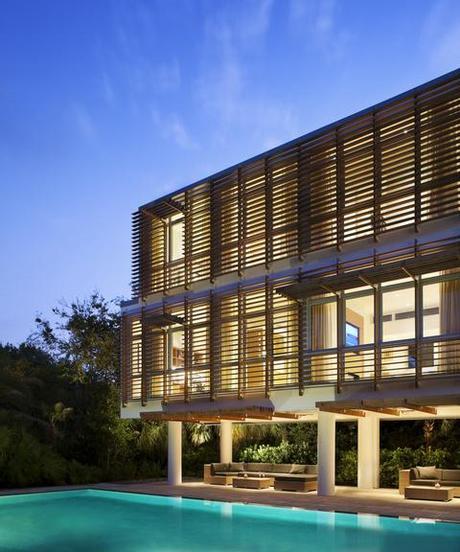 Modern louvered facade in ipe wood to a beach house in Sullivan's Island, South Carolina, by Stephen Yablon Architect.