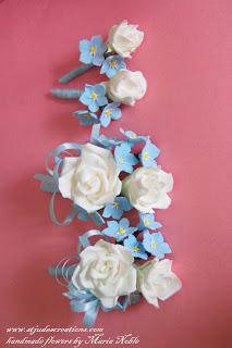 Blue Forget me nots and white roses wedding bouquet everlasting in clay
