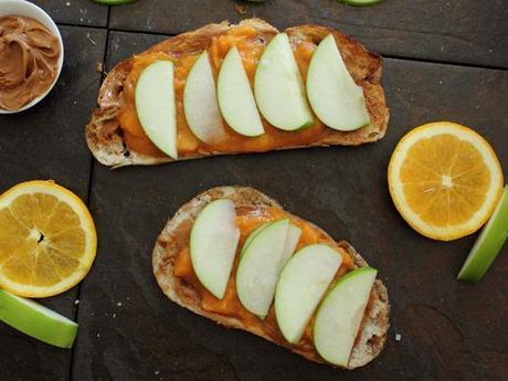 Sourdough Toast Topped with Biscoff, Apricot Compote, Granny Smith Apple Slices, and Fleur de Sel