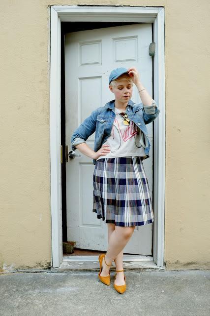 baseball cap, denim, casual, street style, denim, plaid skirt, vintage, oasap, blonde pixie cut