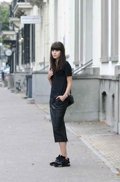 outfit black leather pencil skirt chanel sneakers