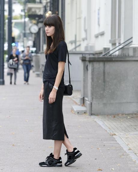 outfit all black chanel trainers pencil skirt