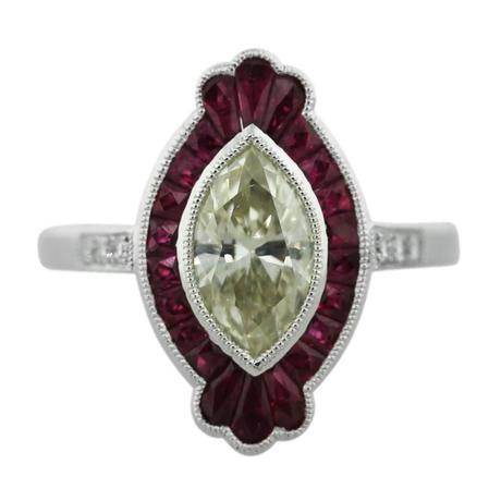 Light Yellow Marquise Cut Diamond Platinum Ruby Engagement Ring