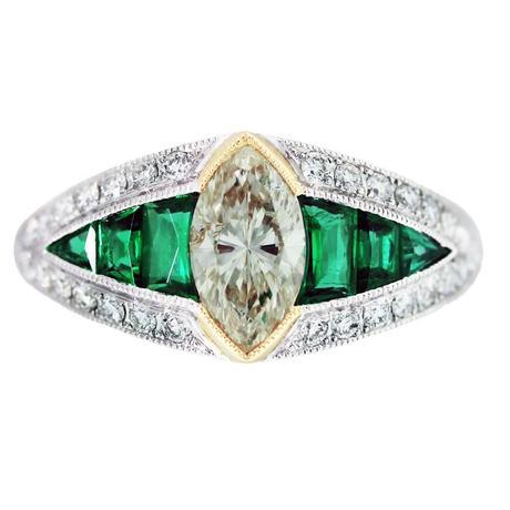 Diamond Emerald Platinum Yellow Gold Vintage Style Engagement Ring