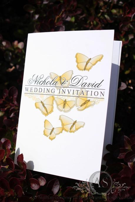 Naples small card wedding invitation featuring butterflies gold