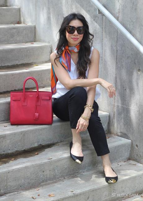 Style of Sam, Ann Taylor Skylar Flats, Saint Laurent Sac du Jour in Red, Hermes scarf, piazza sempione asymmetrical top, NYDJ Alisha jeans, mommy ootd, day look with flats