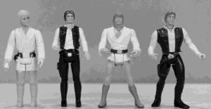 Luke Skywalker and Han Solo in 1978 (left); Luke Skywalker and Han Solo in1998 (right)