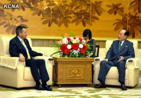 SPA Presidium President Kim Yong Nam (R) meets with International Committee of the Red Cross President Peter Maurer at Mansudae Assembly Hall in Pyongyang on 22 August 2013 (Photo: KCNA).