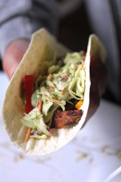 Chipotle Seitan Tacos with Avocado Crema Coleslaw and Sauteed Veggies