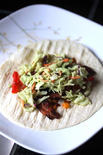 Chipotle Seitan Tacos with Avocado Crema Coleslaw and Sauteed Veggies