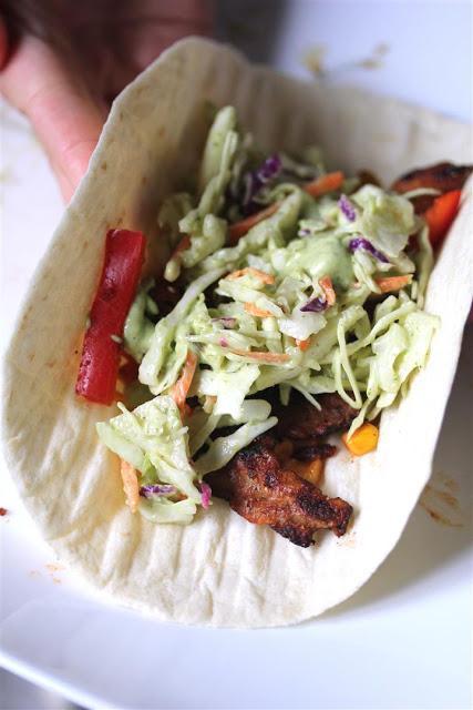 Chipotle Seitan Tacos with Avocado Crema Coleslaw and Sauteed Veggies