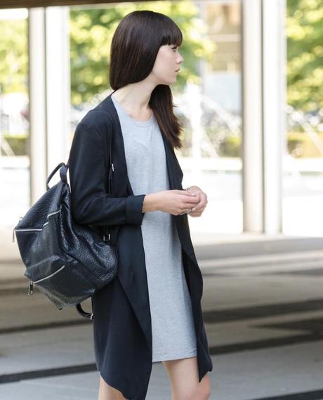 long black coat gray dress simple look